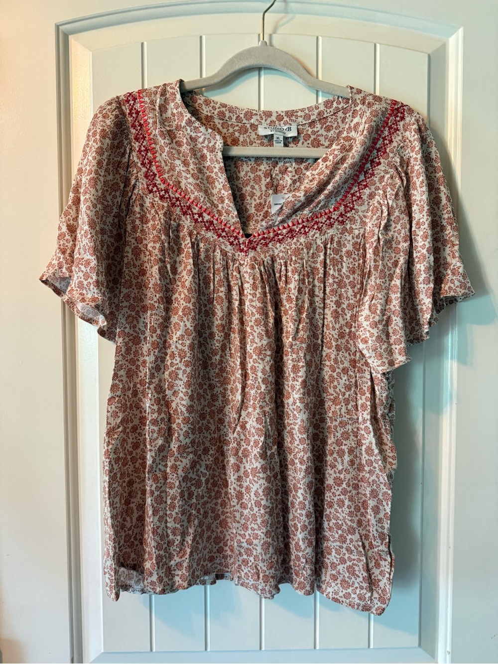 Boho Floral Embroidered V‑Neck Blouse in Dusty Rose with embroidery XL NWT